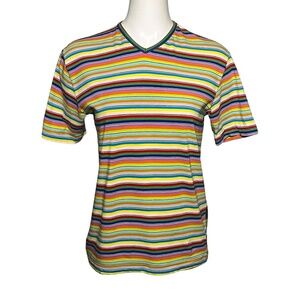 Katharine Hamnett Denim Vibrant Rainbow Striped V-Neck Short Sleeve T-Shirt sz L
